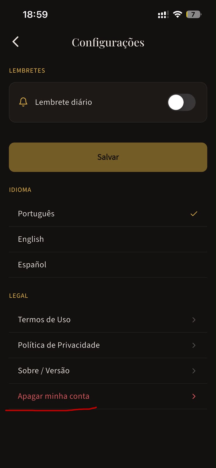 Tela de configurações com o botão de apagar conta
